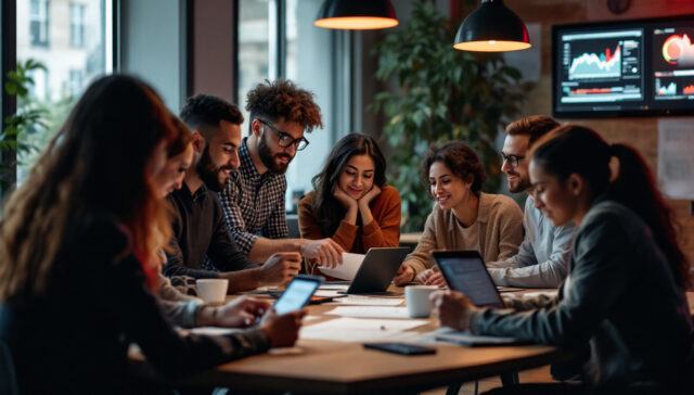 A photograph of capture a photograph of a diverse group of individuals engaging in a collaborative discussion around digital devices